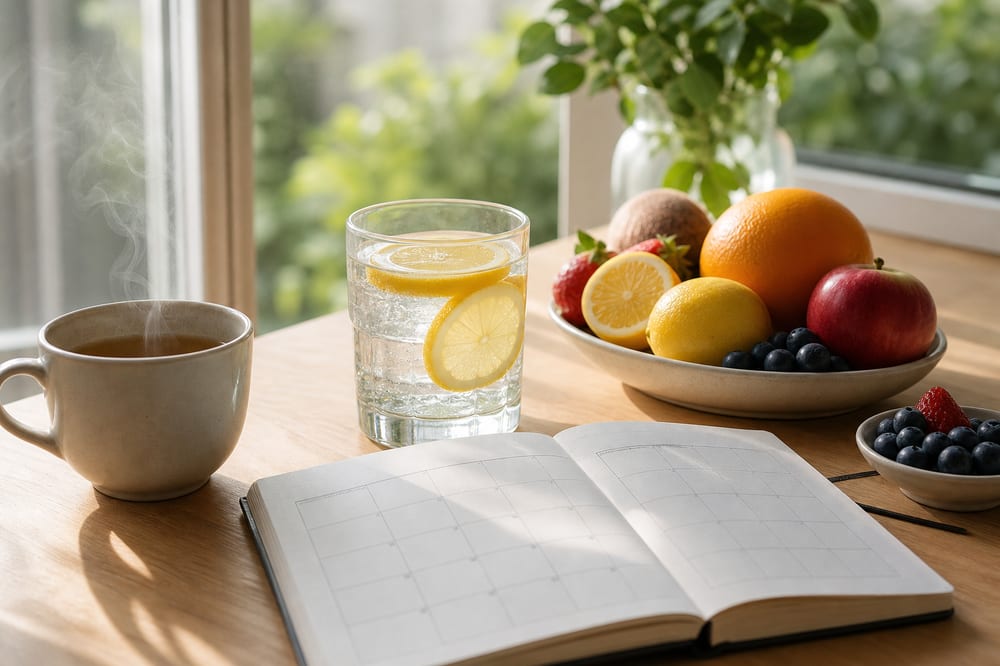 Verre d’eau citronnée et carnet de suivi sur une table lumineuse