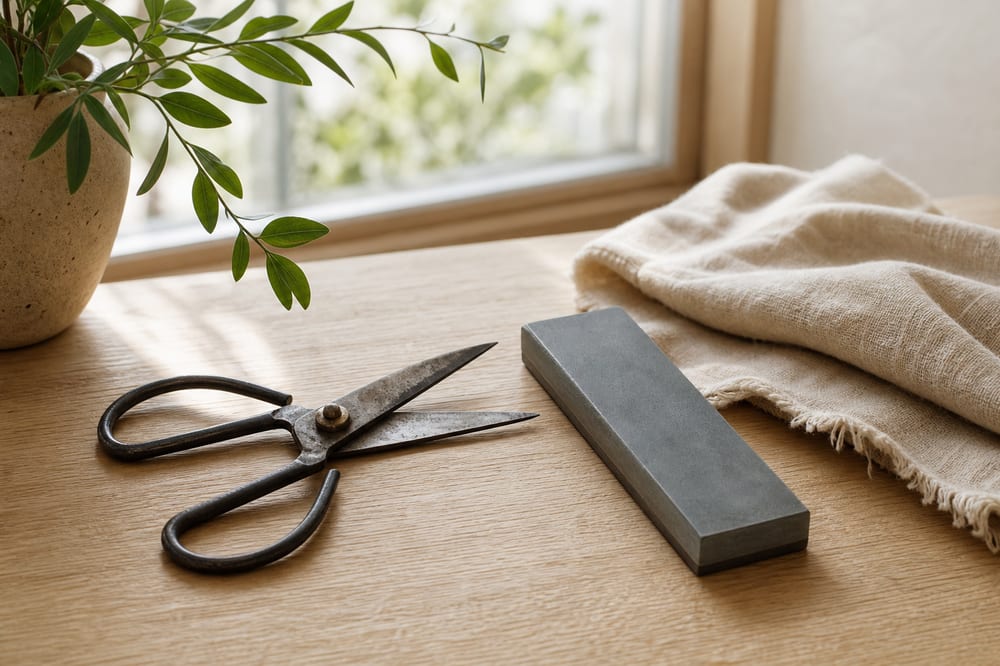 Ciseaux de maison posés près d'une pierre à aiguiser sur une table en bois