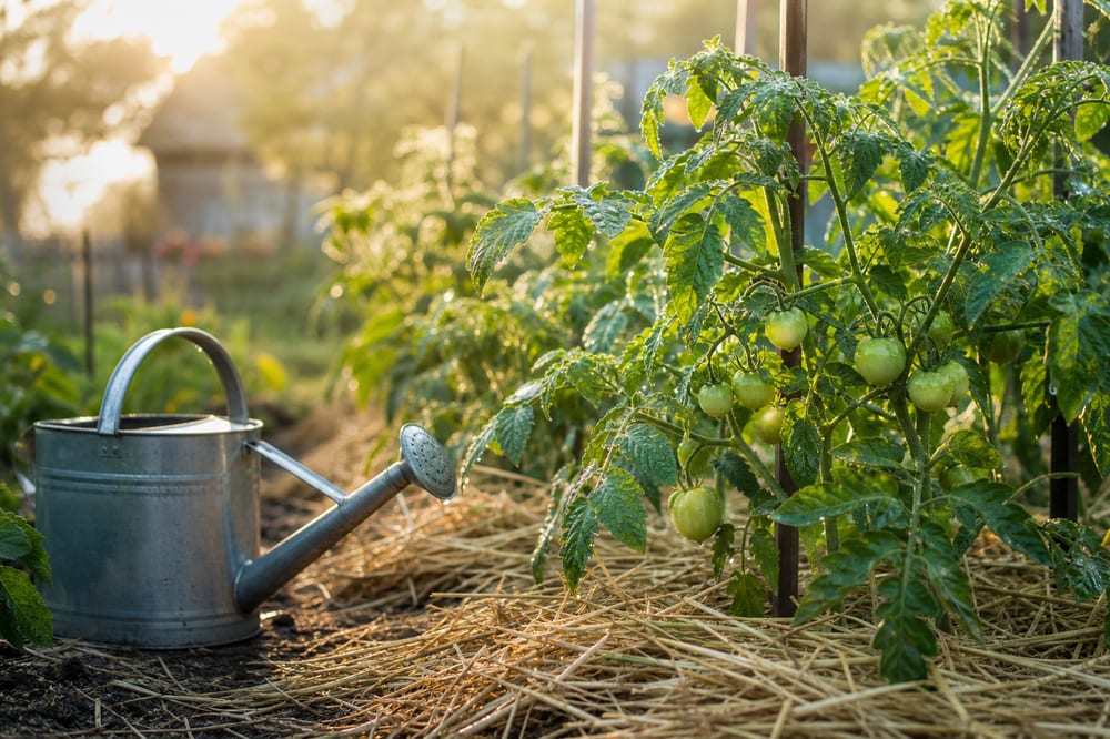 Plants de tomates paillés arrosés au pied dans un potager d'été