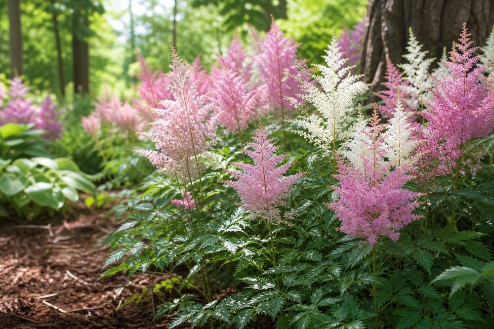 Massif d’astilbes en fleurs dans un jardin ombragé et paillé