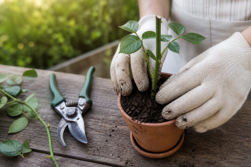 Bouture de rosier préparée dans un pot en terre cuite