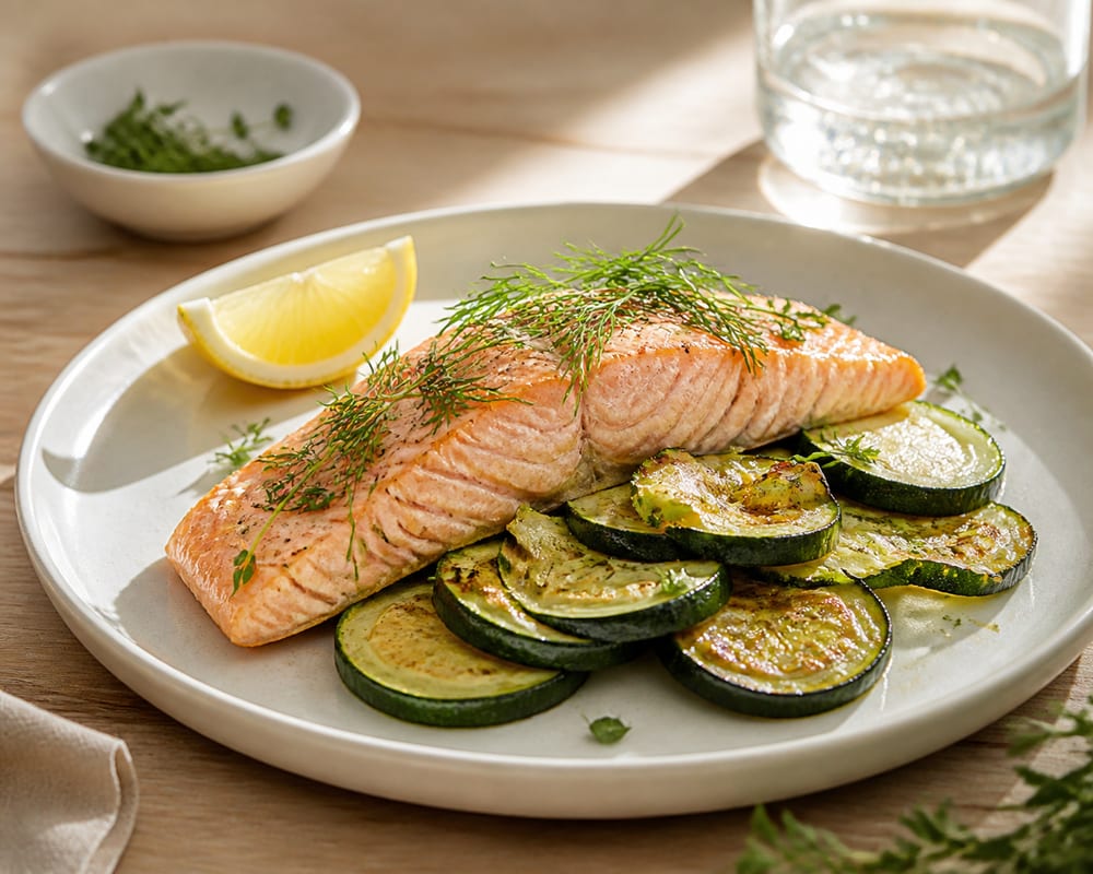 Courgettes et saumon cuits avec citron et herbes fraîches