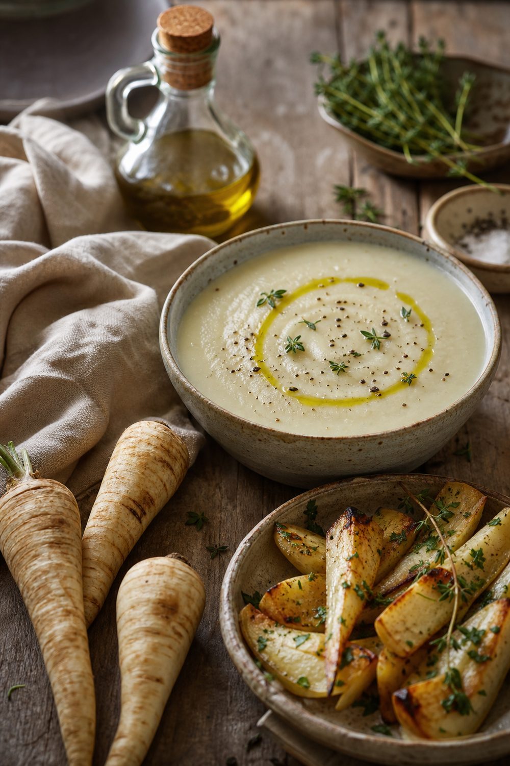 Panais frais, velouté et panais rôtis sur une table de cuisine