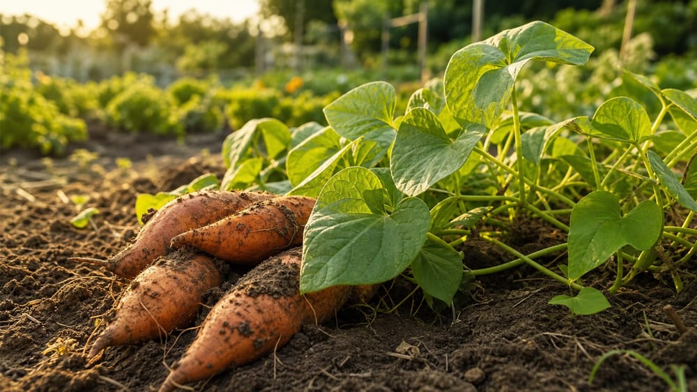 Plants de patate douce au potager avec tubercules fraîchement récoltés