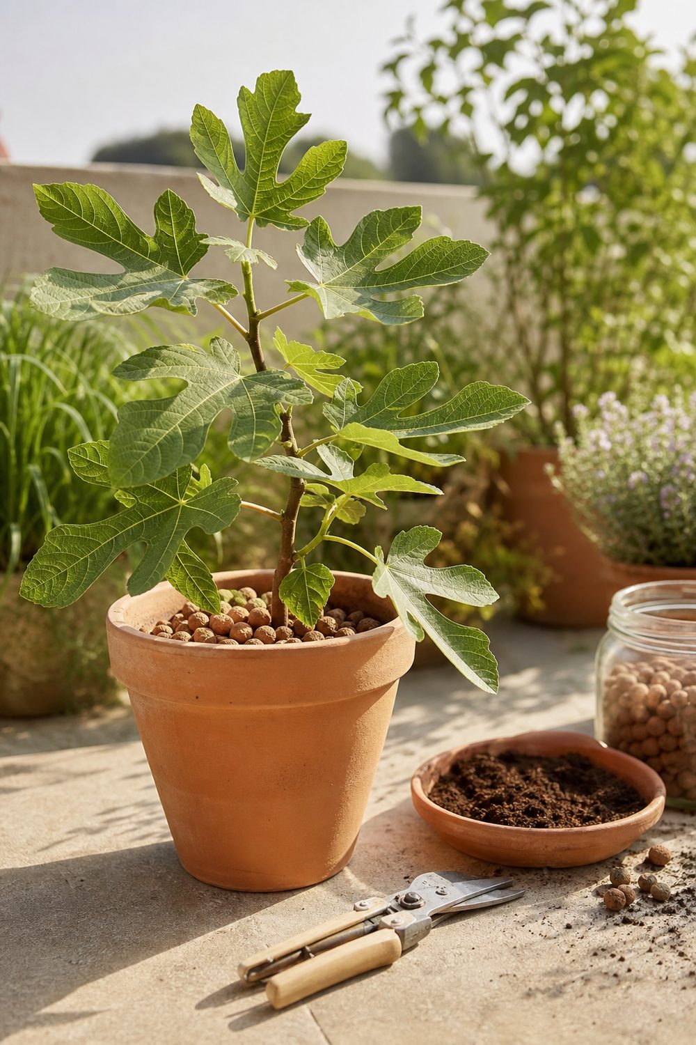 Figuier en pot sur une terrasse, avec terreau et sécateur pour l’entretien