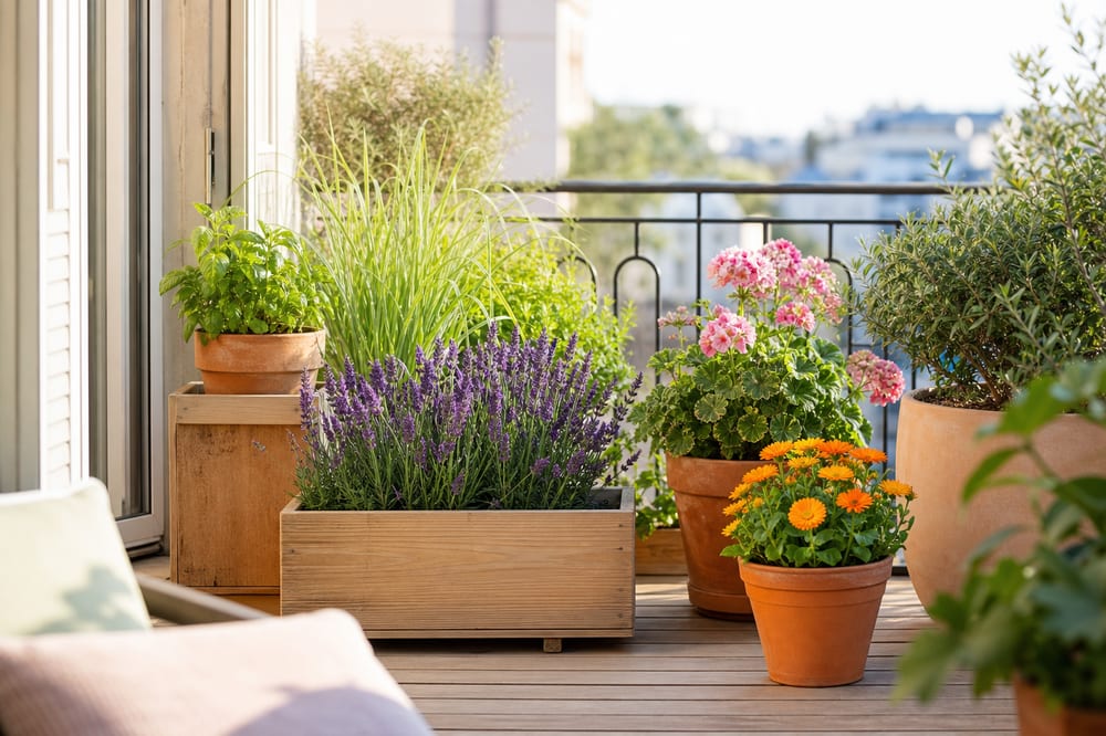 Plantes aromatiques et fleurs répulsives sur un balcon en été