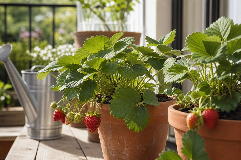 Fraisiers en pot sur un balcon lumineux avec des fraises mûres