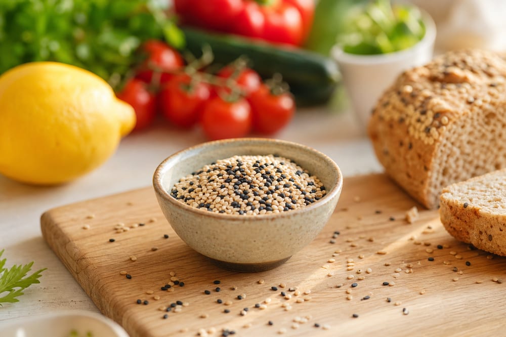 Bol de graines de sésame blondes et noires sur une table de cuisine naturelle