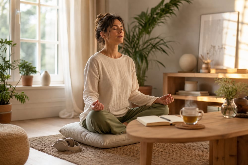 Personne méditant dans un salon lumineux avec une ambiance musicale relaxante