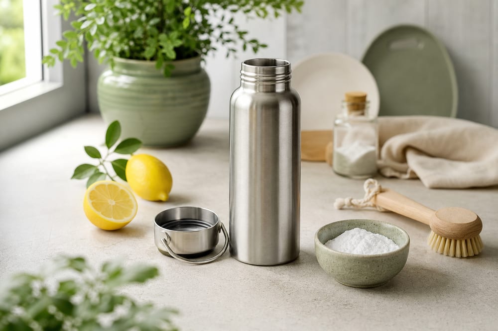 Gourde en inox avec citron, bicarbonate et brosse de nettoyage sur un plan de travail clair