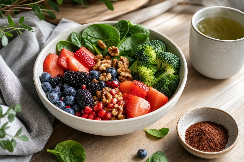 Bol coloré de fruits rouges, légumes verts, noix et thé vert, aliments souvent associés aux antioxydants