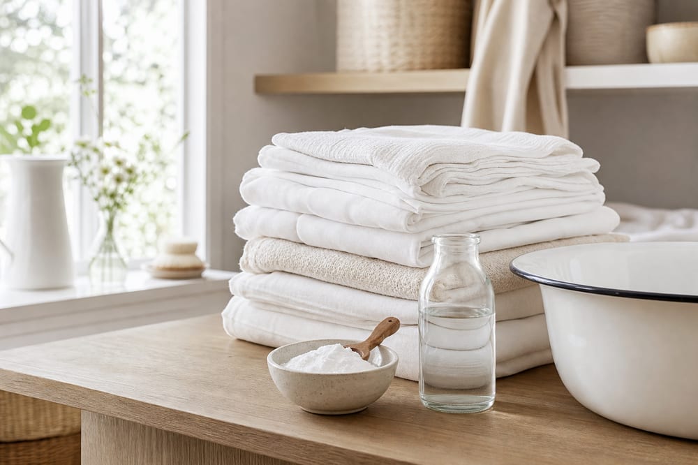 Linge blanc, bicarbonate et vinaigre blanc dans une buanderie lumineuse
