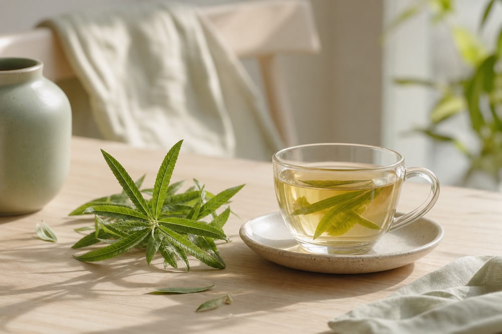 Tasse de tisane de verveine et feuilles fraîches sur une table claire