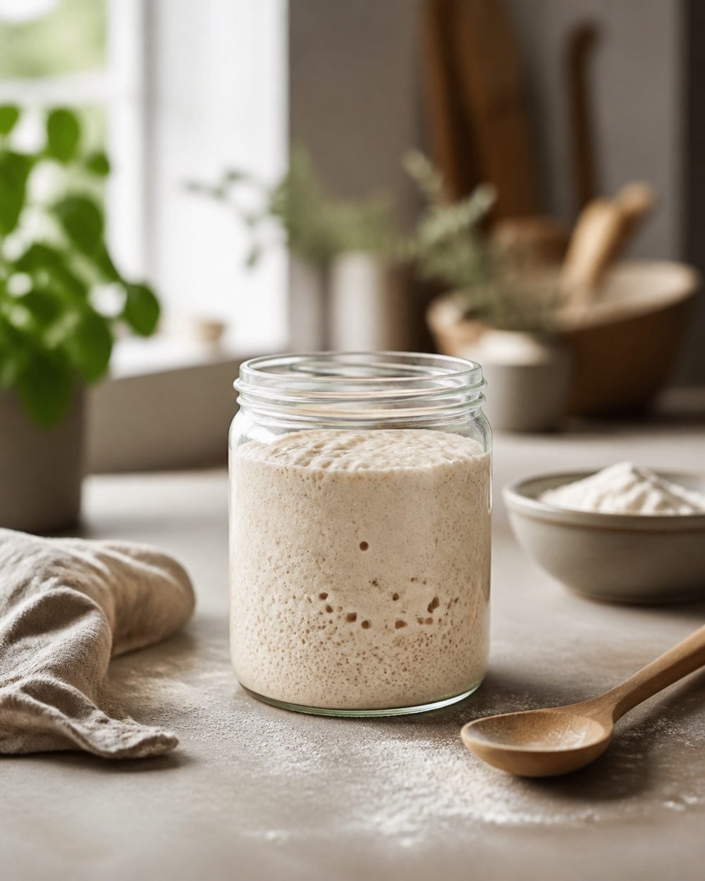 Bocal de levain maison actif avec farine et cuillère en bois