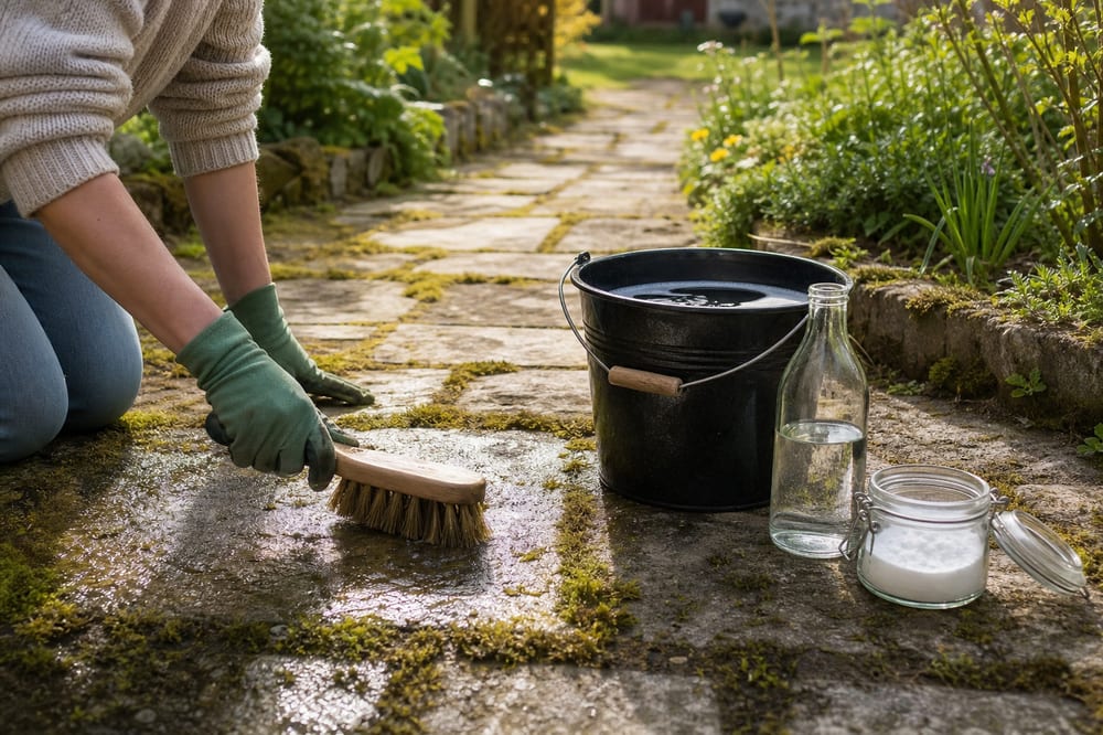 Nettoyage naturel de la mousse sur une allée de jardin