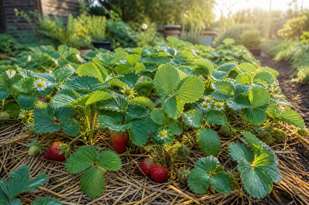 Plants de fraises dans un potager paillé