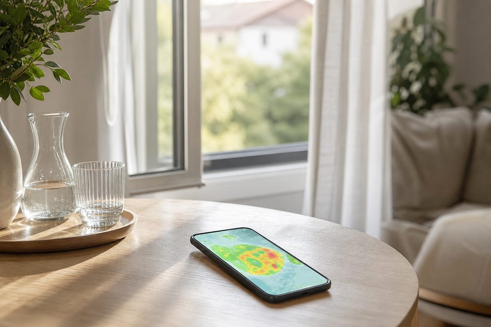 Fenêtre ouverte, plante verte et application de suivi de la qualité de l’air