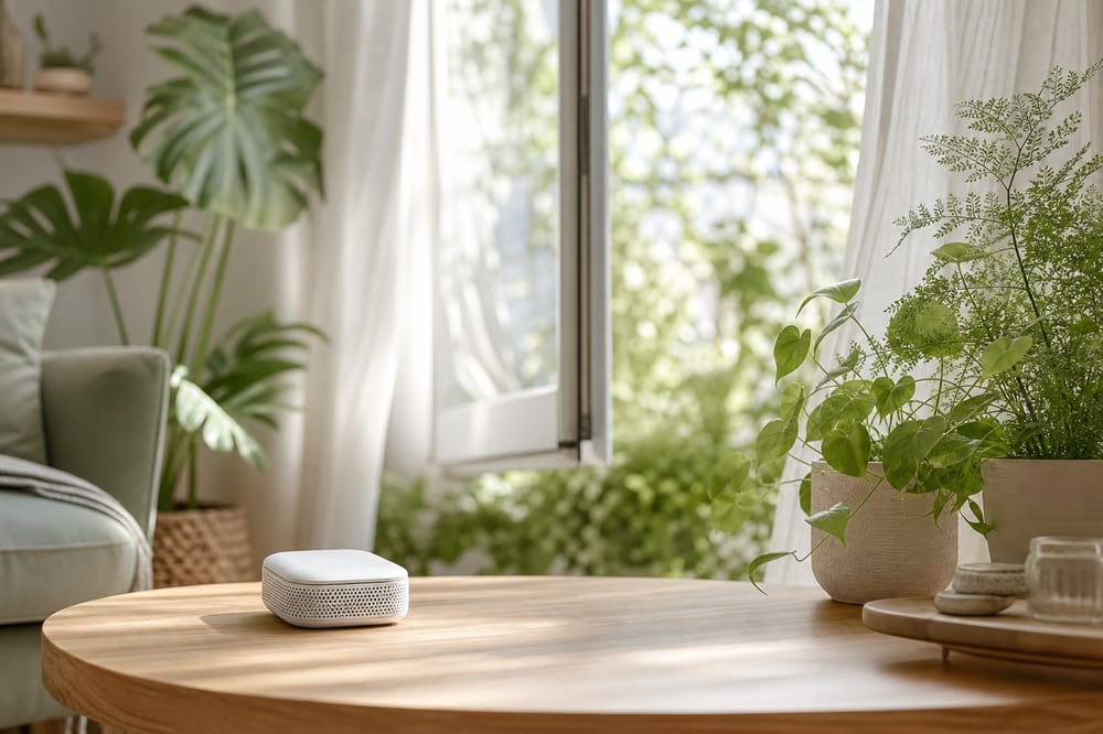 Intérieur lumineux avec plantes et capteur de qualité de l’air