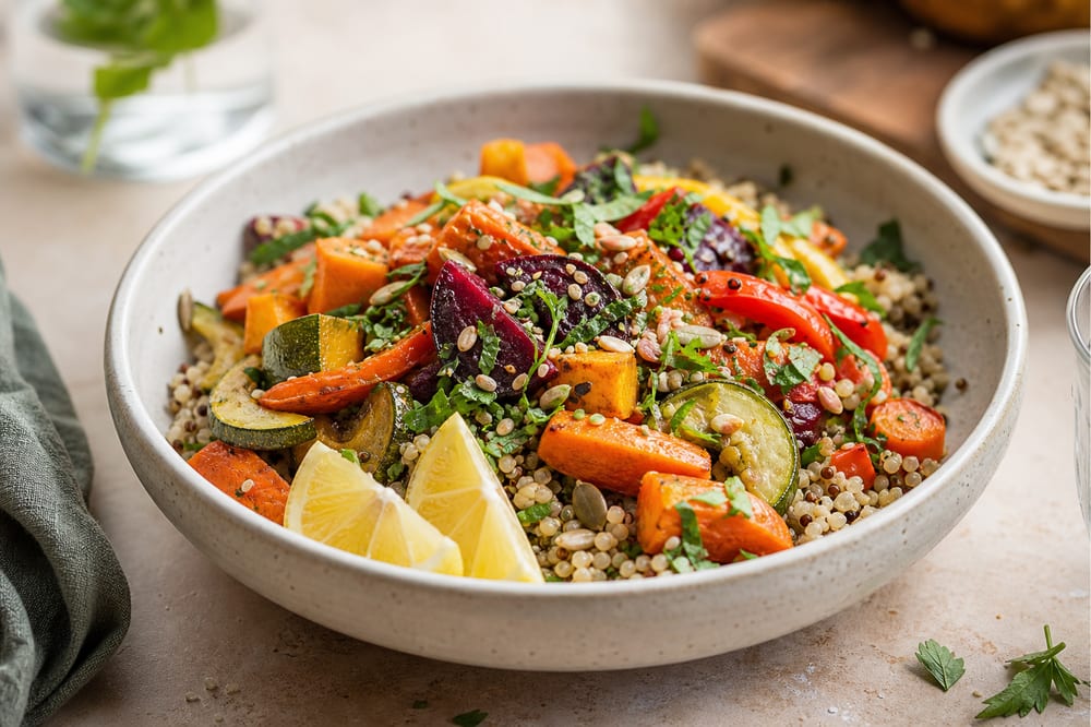 Bol de quinoa et boulgour aux légumes de saison