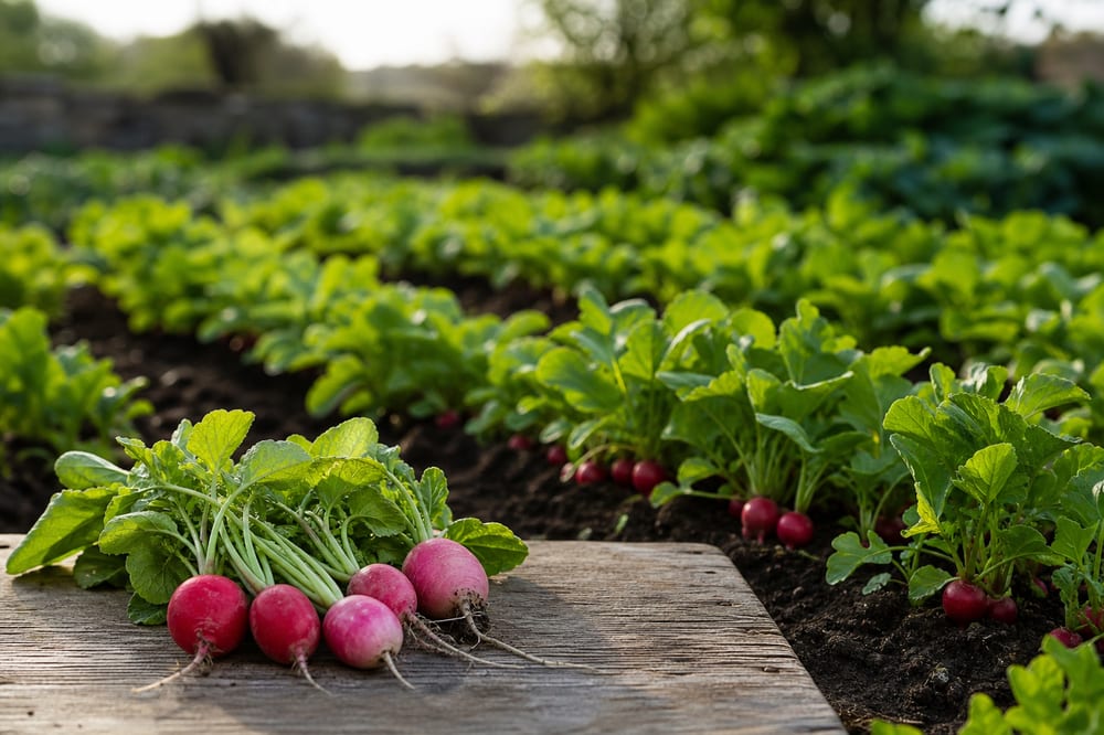 Radis rouges récoltés dans un potager bio au printemps