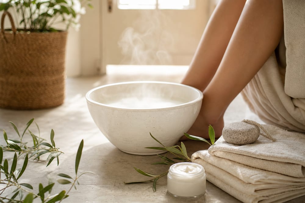 Routine de soins maison pour les pieds avec serviette, bassine et crème naturelle