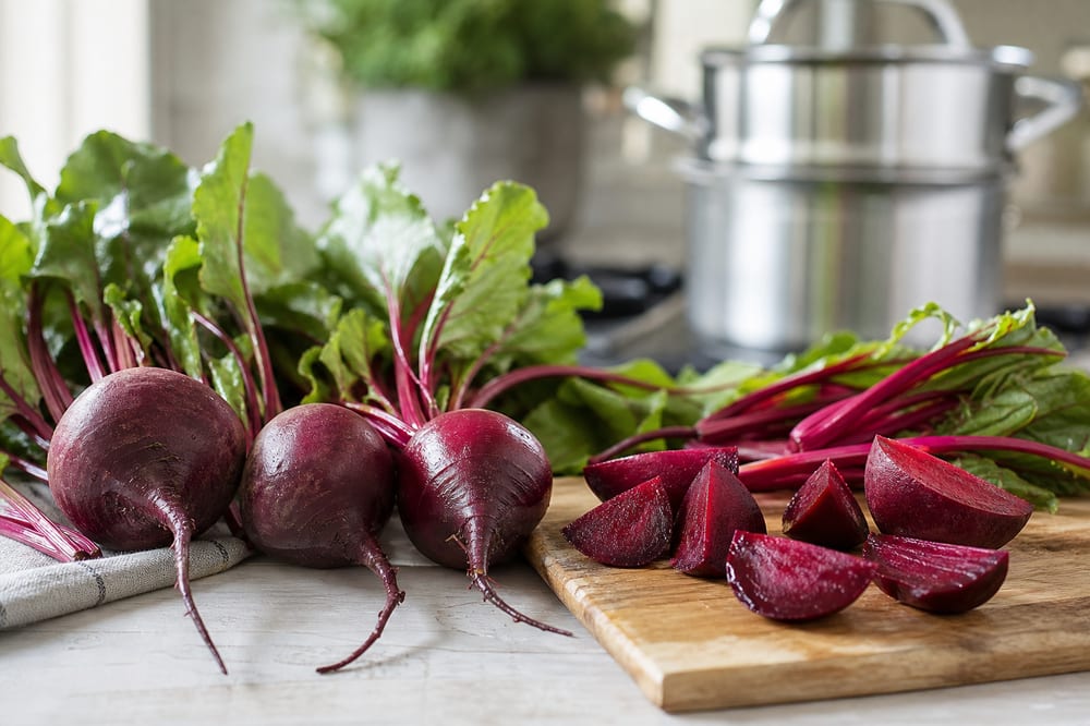 Betteraves rouges cuites et fraîches dans une cuisine naturelle