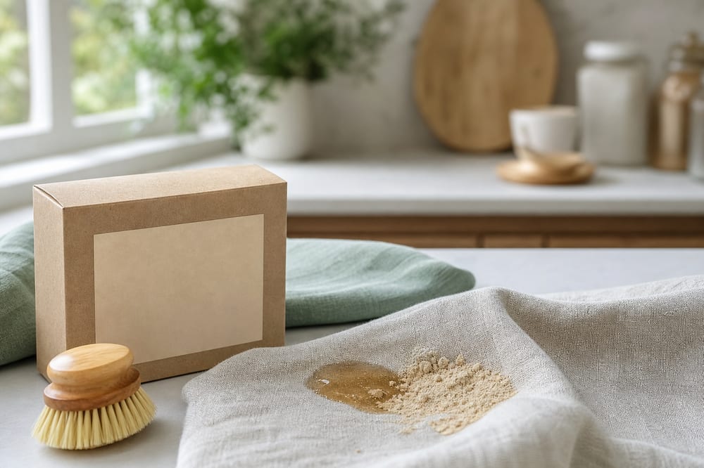 Terre de Sommières utilisée pour absorber une tache grasse sur un tissu
