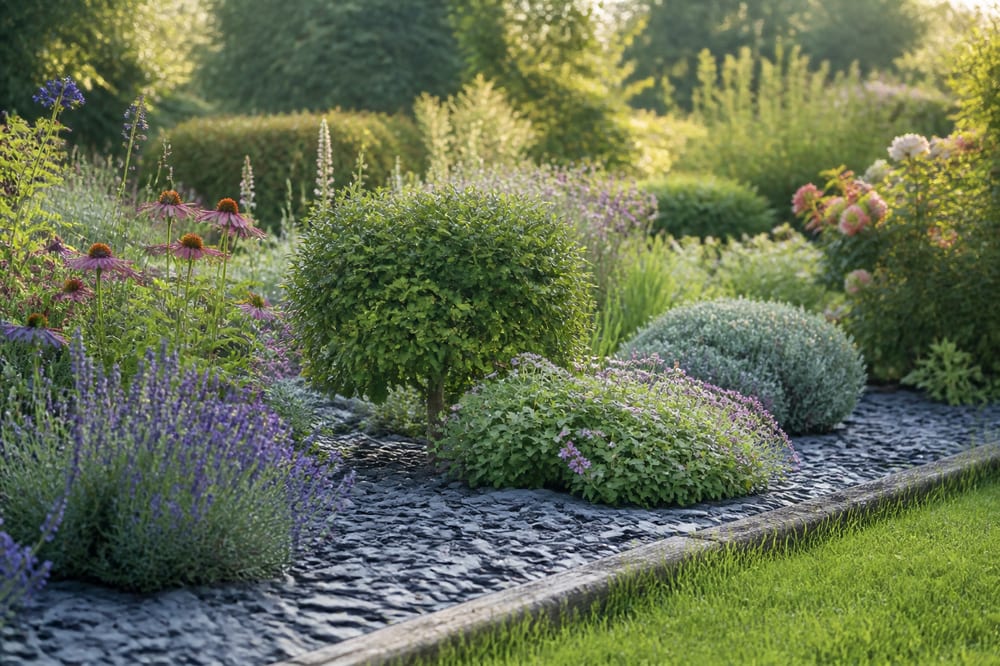 Massif de jardin avec paillage d’ardoise au pied des plantes