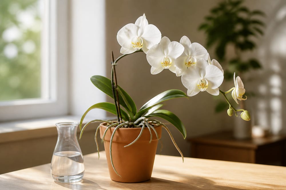 Orchidée blanche en pot près d'une carafe d'eau