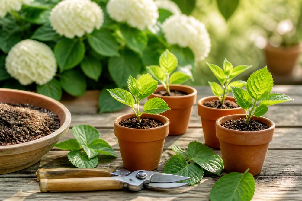 Boutures d’hortensia dans de petits pots en terre cuite