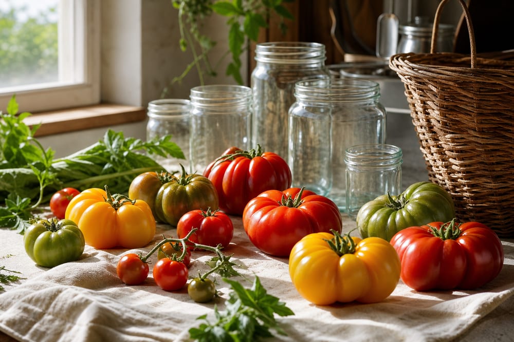 Tomates anciennes sur un torchon avec bocaux de conservation