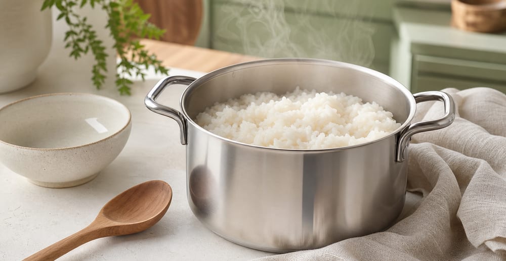 Riz blanc moelleux dans une casserole, prêt à servir simplement.