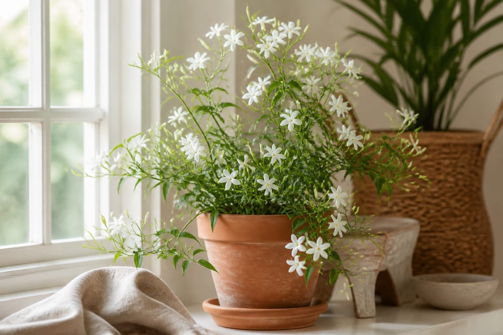 Jasmin d'intérieur en pot près d'une fenêtre lumineuse