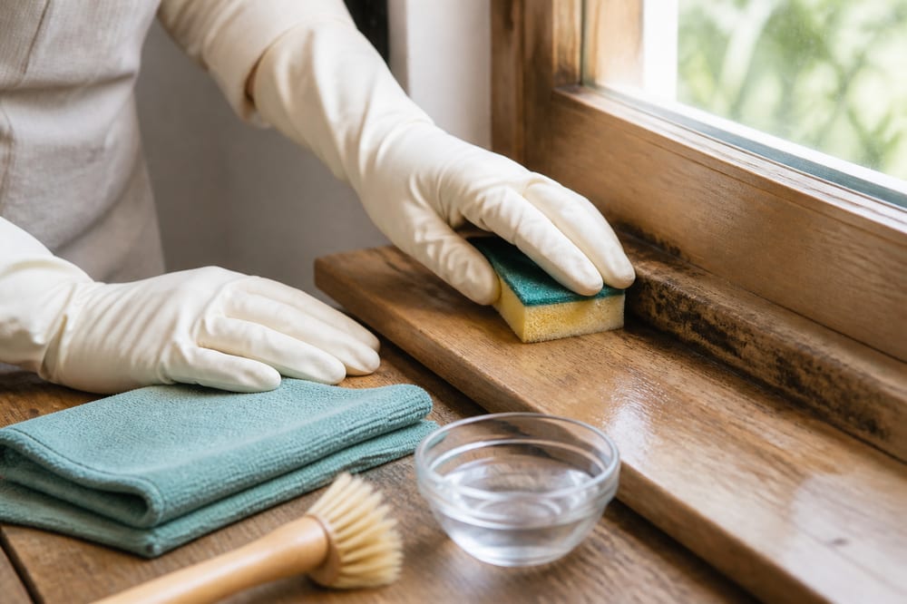 Nettoyage prudent d’une petite zone de moisissure sur un rebord en bois