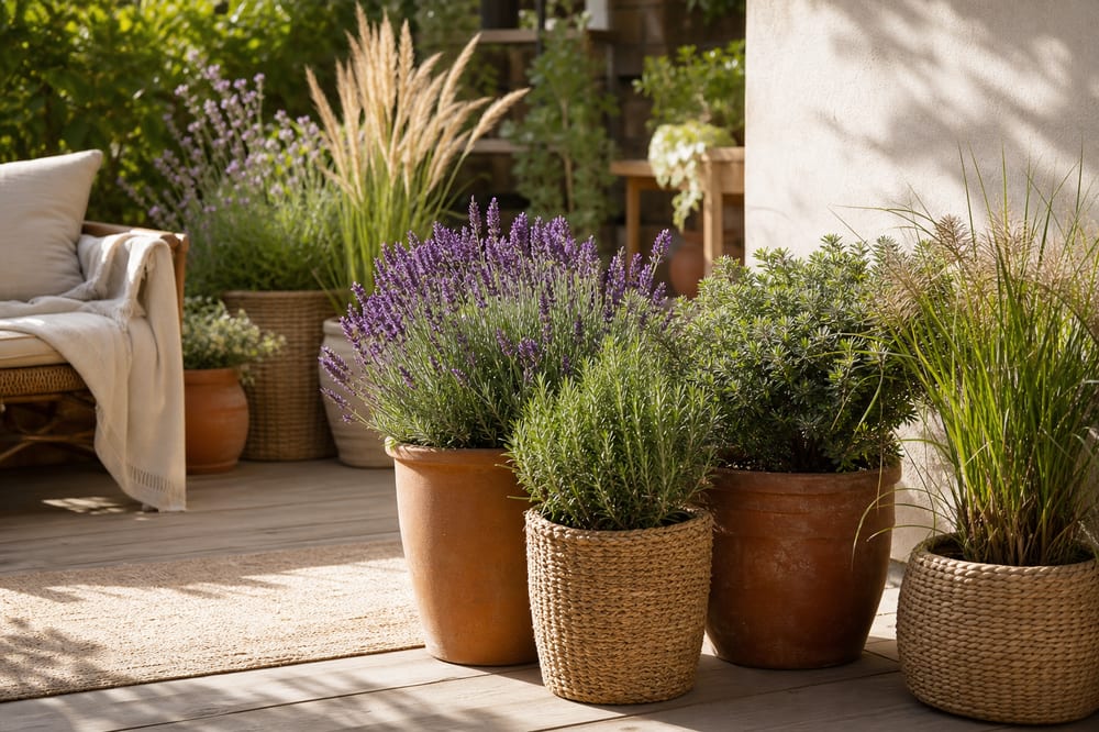 Plantes en pot sur une terrasse lumineuse
