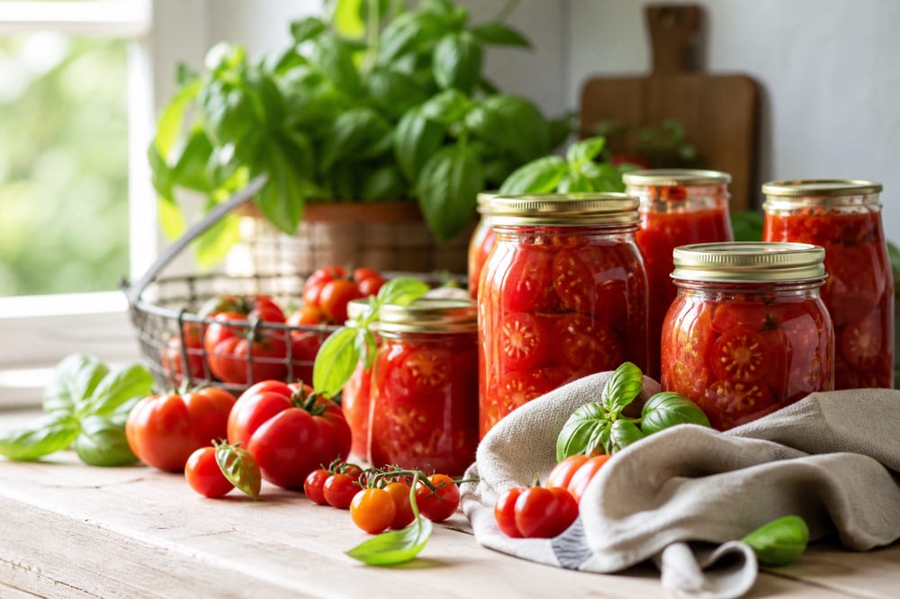 Bocaux de conserve de tomates maison sur un plan de travail
