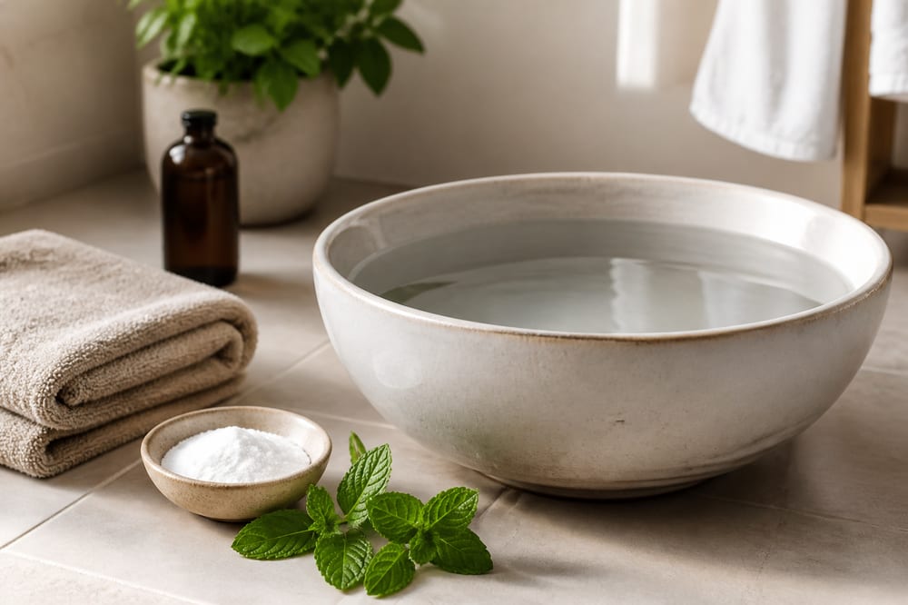 Bassine d’eau tiède avec bicarbonate pour un bain de pied naturel