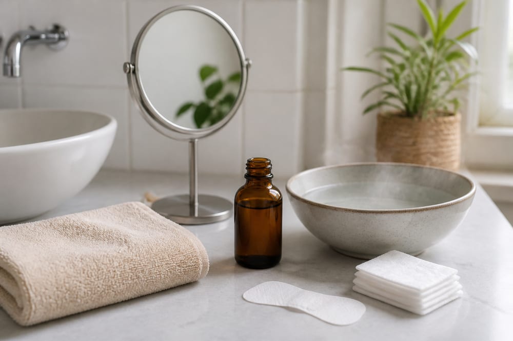 Salle de bain lumineuse avec miroir, serviette, bol d’eau tiède et patch soin visage posé sur un plan de travail