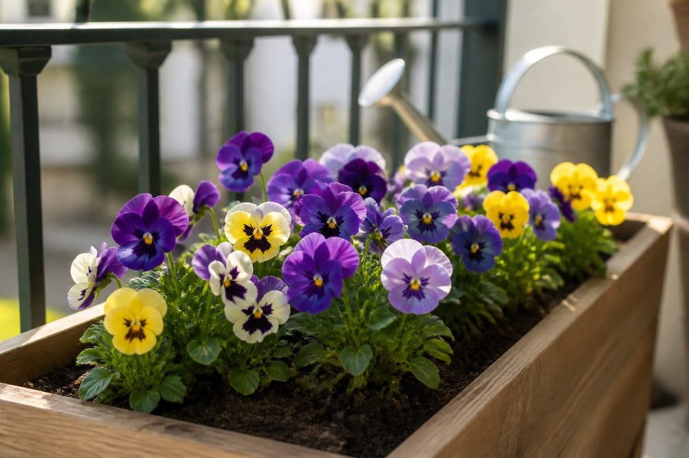 Pensées fleuries dans une jardinière sur un balcon