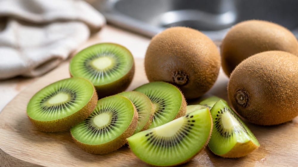 Kiwis frais coupés avec leur peau sur une planche