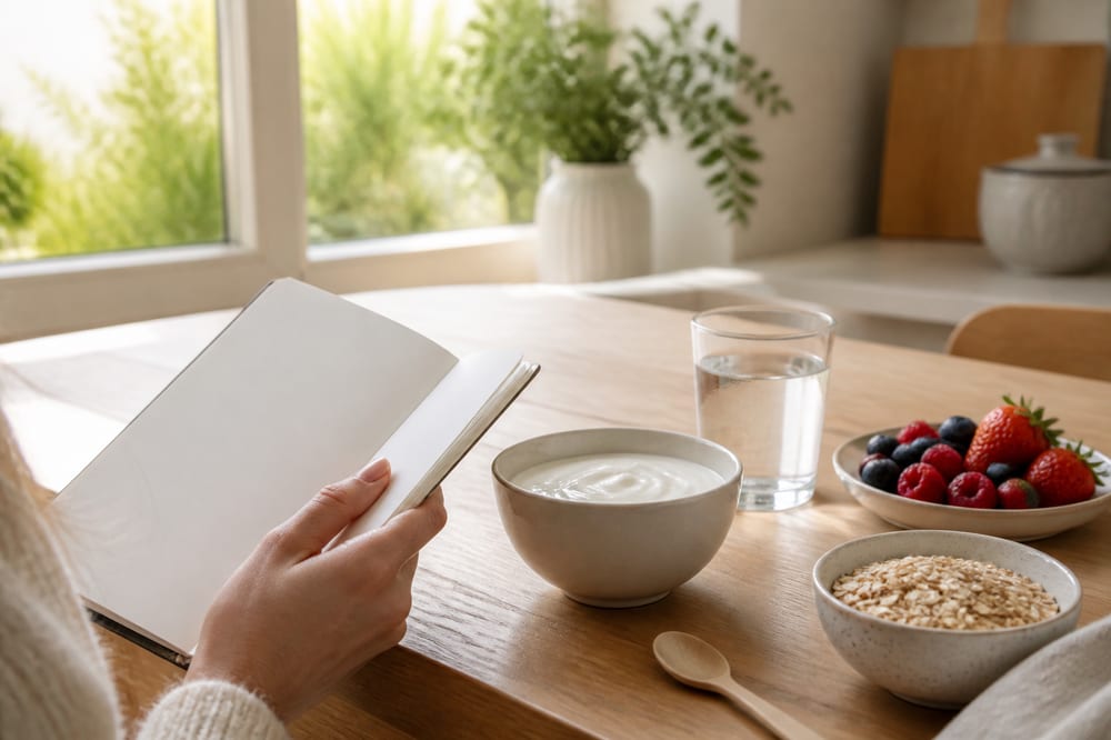 Bol de yaourt nature, flocons d’avoine, fruits rouges et carnet sur une table lumineuse
