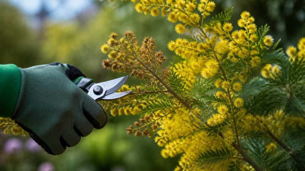 Taille douce d’un mimosa au sécateur après la floraison