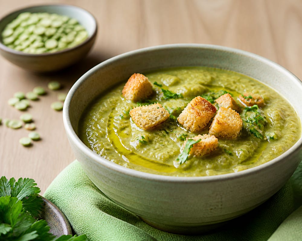 Bol de purée de pois cassés avec herbes fraîches et croûtons maison