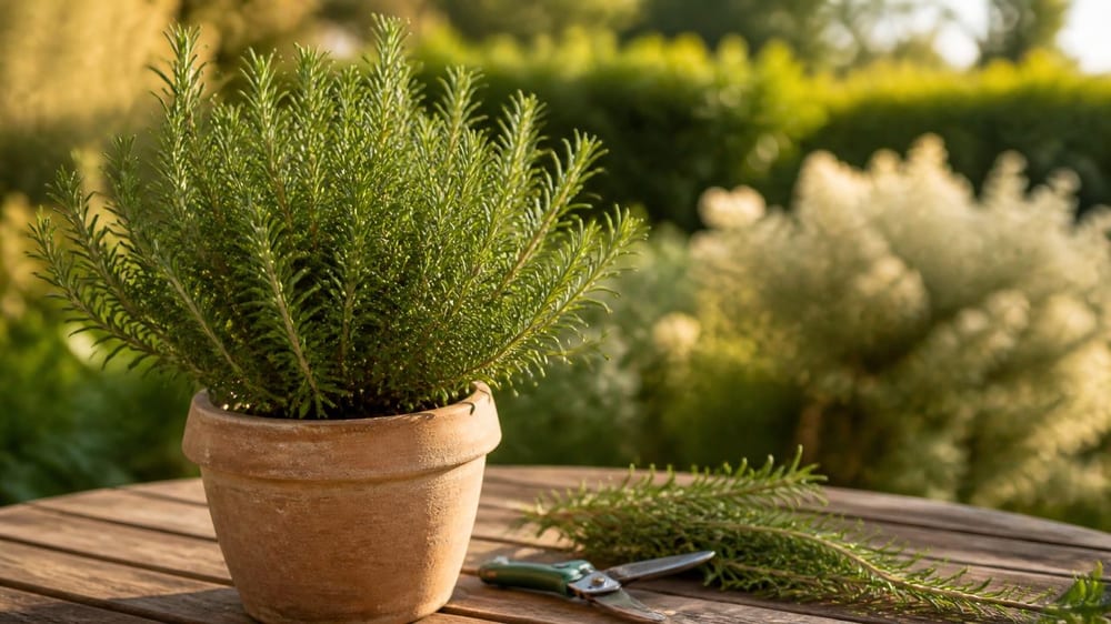 Romarin en pot taillé légèrement avec un sécateur sur une table de jardin