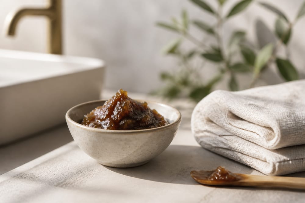 Bol de savon noir végétal dans une salle de bain lumineuse