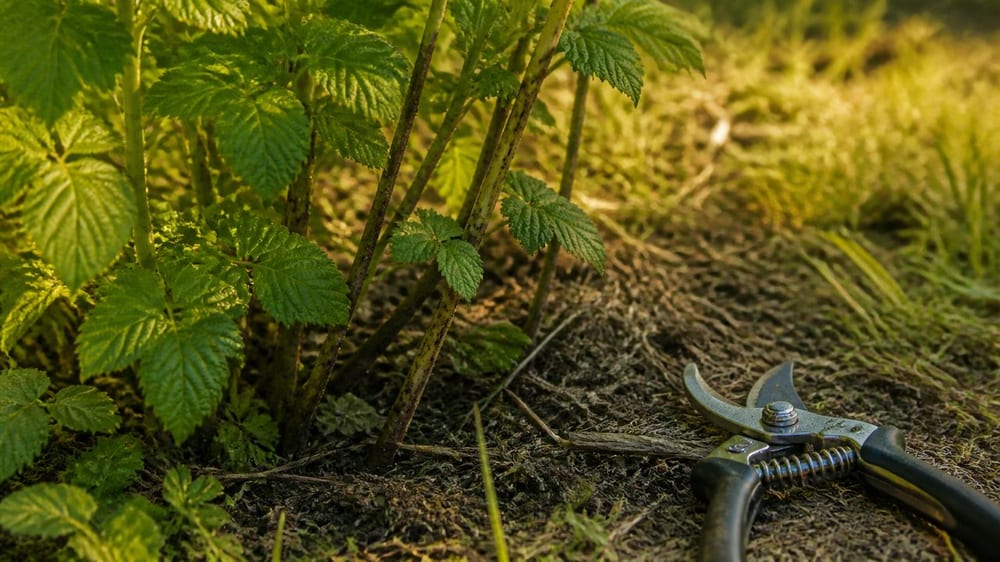 Framboisier au jardin avec un sécateur prêt pour la taille
