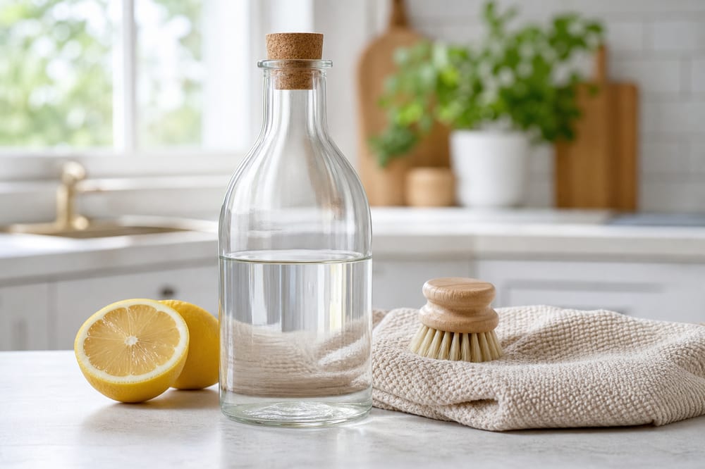 Vinaigre blanc ménager dans une cuisine lumineuse avec citron, chiffon et brosse en bois