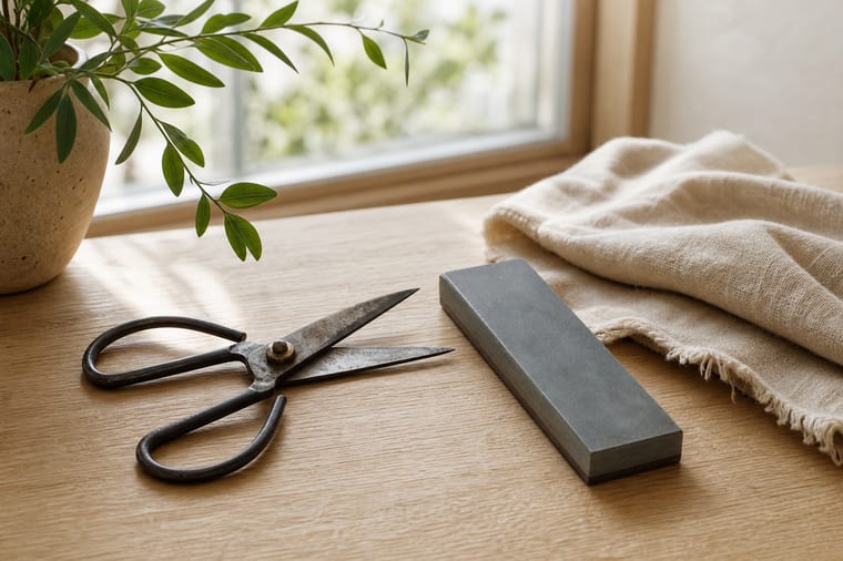 Ciseaux de maison posés près d'une pierre à aiguiser sur une table en bois
