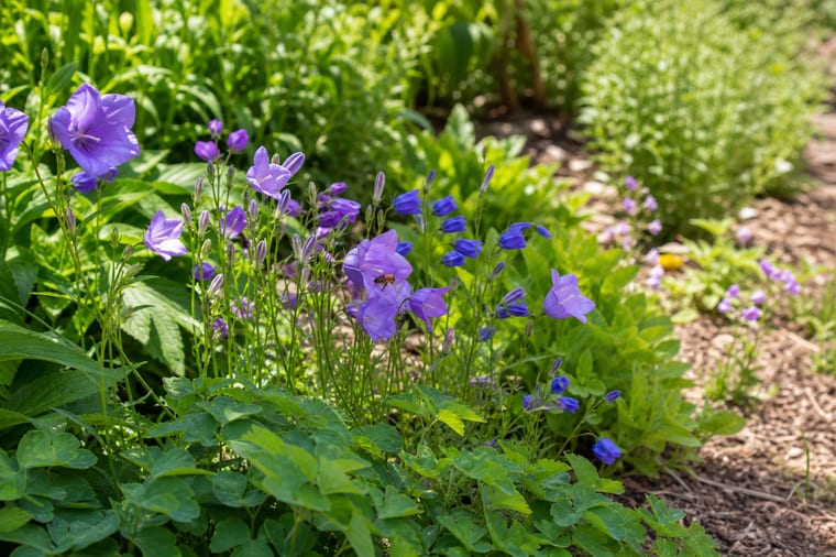 Campanules vivaces bleues dans un massif de jardin naturel