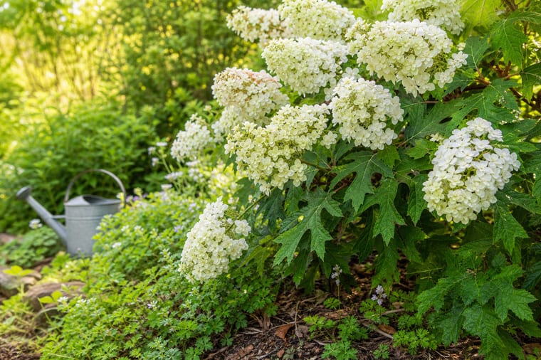 Hydrangea quercifolia en fleurs blanches dans un jardin naturel